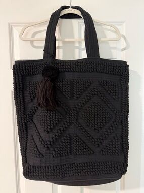 lovestitch Black Textured Shoulder Tote with Tassel Accent